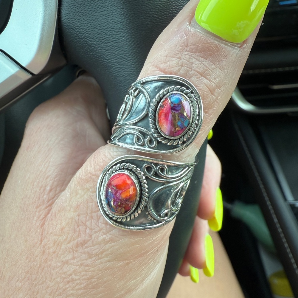 Elegant Silver and Multicolor Stone Ring 925 Pink Dahlia Turquoise Spiny Oyster